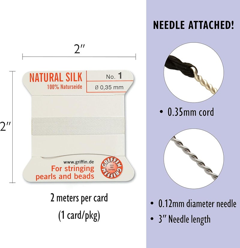 Griffin Silk Bead Cord Perlseide – White Color – Size 1 (0.35mm) – 2 Meters per Card – Stainless Steel Needle Attached – for Knotting Pearls, Gemstones, Crystals and Beads - Image 4